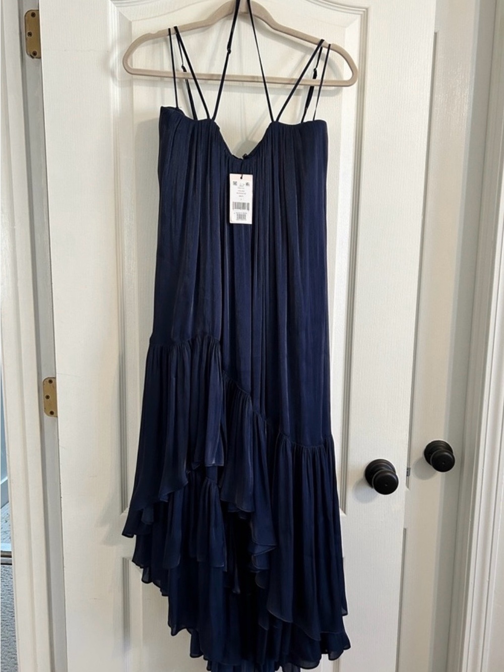cinq a sept Navy Pleated High-Low Spaghetti Strap Dress